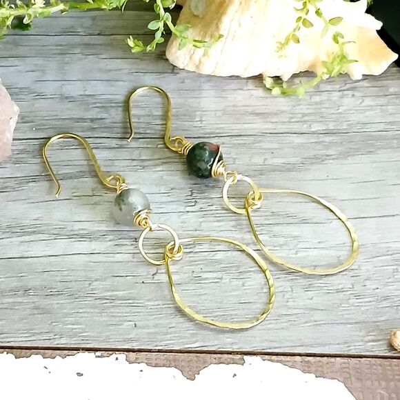 Bloodstone Crystal Beaded Hammered Dangle Earrings, Boho Statement Gemstone 2.5" - Picture 1 of 5